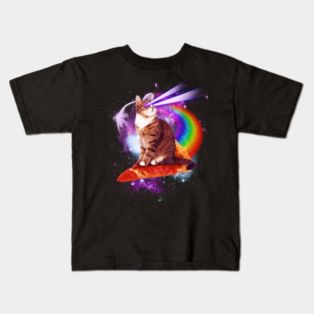 Cat in Space Riding Pizza Kids T-Shirt by ultraelectrogalacticshop